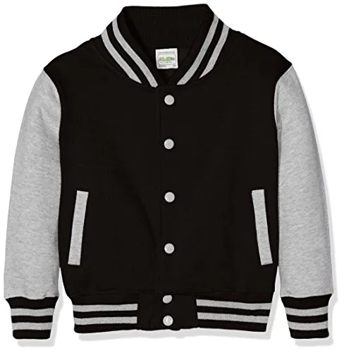 AWDis Jungen Jacke Kids Varsity - Mehrfarbig (Jet Black/Heather Grey) - Funktionsjacke mit kontrastierenden Ärmeln, Strickkragen und Streifendetails, ideal für sportliche Aktivitäten und Freizeit.