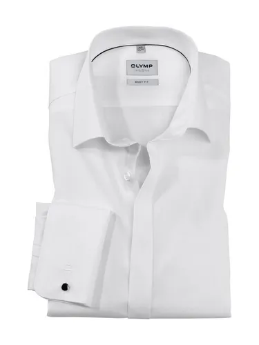 OLYMP Level Five Body Fit Galahemd Extra Langer Arm Popeline Weiß - Elegantes Galahemd in körpernaher Passform, ideal für modebewusste Männer. Aus hochwertigem Comfort-Stretch-Gewebe für optimalen Tragekomfort und eine perfekte Silhouette. Ideal für besondere Anlässe oder den Business-Alltag.