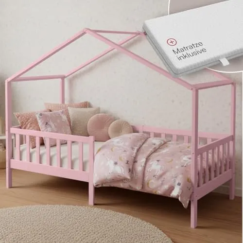 Bellabino Bia Kinderbett 90x200 cm – Hausbett mit Matratze & Rausfallschutz in Rosa - SICHERES HAUSBETT FÜR KINDER AB 3 JAHREN – Das 90x200 cm große Bett fördert Selbstständigkeit und bietet mit stabilem Rausfallschutz Sicherheit. Inklusive Lattenrost und atmungsaktiver Matratze für erholsame Nächte.