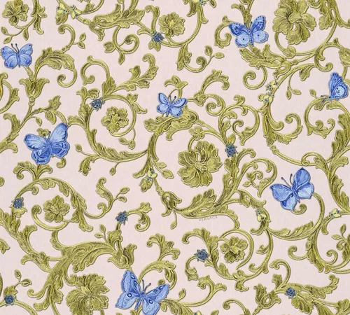 VERSACE WALLPAPER Vliestapete Butterfly Barocco - Luxustapete in Blau und Rosa, scheuerbeständig und lichtbeständig, einfach zu verarbeiten – ideal für stilvolle Wandgestaltungen.