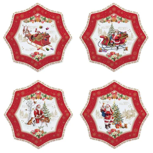 EasyLife Kuchenteller Christmas Memories - Nostalgische Weihnachtsmannmotive - Kuchenteller in Sternform, spülmaschinengeeignet und ideal für festliche Anlässe. Lieferung im 4er Set mit nostalgischen Motiven in schöner Geschenkbox.