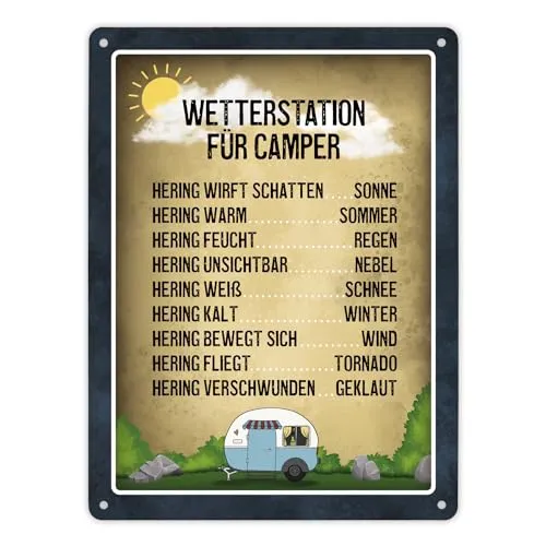 Metallschild XL mit Campingplatz Motiv und Spruch: Wetterstation für Camper