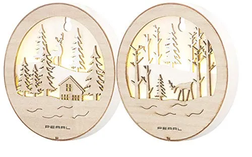 Lunartec Holzbild: 2er-Set leuchtende Echtholzbilder mit warmweißen LEDs, Batteriebetrieb (LED Fenster Deko, Weihnachtsbeleuchtung Fenster, Weihnachtsbaumbeleuchtung)