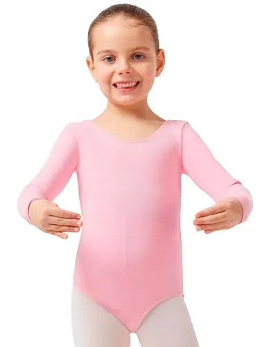 tanzmuster ® Ballettanzug Mädchen Langarm - Lilly - aus Baumwolle, Ballettbody Kinder Ballett Trikot in rosa, Größe 104/110