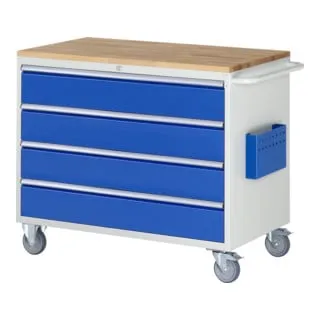 Rau Werkstattwagen Serie 7000 - Montagewagen mit 450 kg Tragkraft, 4 XXL-Schüben und Buche-Massiv-Arbeitsplatte für höchste Stabilität und Funktionalität.