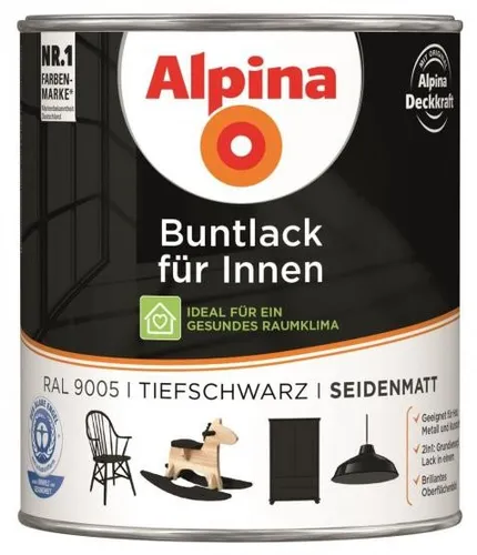 Alpina Buntlack für Innen Tiefschwarz seidenmatt 750 ml - Farben & Lacke – Der edle Tiefschwarz-Lack verleiht Holz, Metall und Kunststoff brillante Farbwirkung und ist ideal für Neu- und Renovierungsanstriche im Innenbereich.