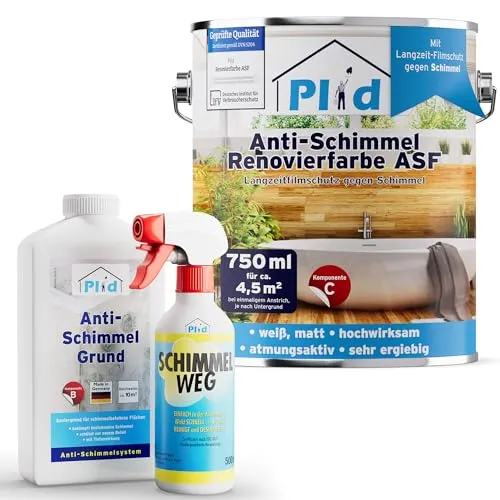 Plid® Anti Schimmel Renovierfarbe Innen Weiß 0,75L inkl. Spray + Grundierung [SANIER-SET] - Antischimmelfarbe für feuchte Räume, Bad & Küche - Wandfarbe weiß - Langzeitschutz gegen Schimmelbefall