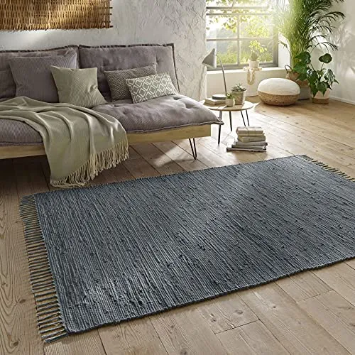 Taracarpet Handwebteppich Läufer Fleckerl Teppich Uni waschbar aus Baumwolle für Wohnzimmer und Küchenteppich 070x140 cm anthrazit