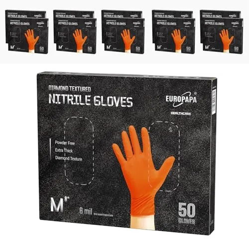 EUROPAPA® Nitrilhandschuhe DiamantGrip 500 Stück (M, Orange) - Extra dicke Einweghandschuhe mit Diamantstruktur für sicheren Grip und hohen Komfort. Ideal für Bau, Industrie und Gastronomie – schützt vor Feuchtigkeit und sorgt für optimale Bewegungsfreiheit.