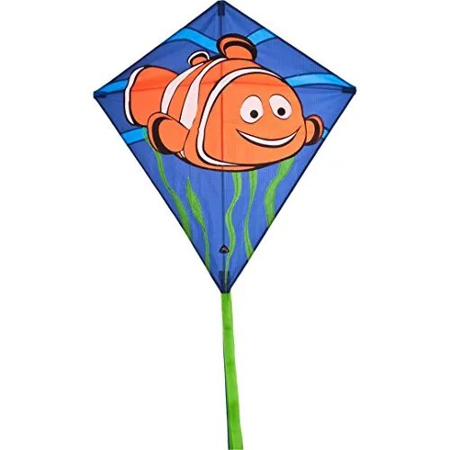 HQ 100102 - Eddy Clownfish, Kinderdrachen Einleiner, ab 5 Jahren, 68x68cm und 200cm Drachenschwanz, inkl. 17kp Polyesterschnur 40m auf Spule, 2-5 Beaufort