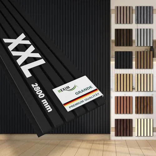 HEXIM Akustikpaneele 6 Stück 280x30cm - Elegante Wandverkleidung mit Schalldämmung - 6 Akustikpaneele in edlem Black Ash, ideal für stilvolle Wandgestaltungen. Mit 9 mm dickem Akustikfilz für effektive Schallabsorption und einfache Montage. Perfekt für ein modernes Raumklima.