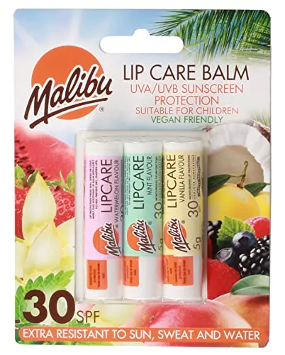 Malibu Sun SPF 30 Lippenbalsam Sonnenschutz, Wassermelone, Minze und Vanille, 3 x 5g