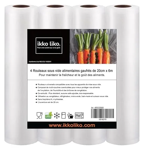 Vakuumierrollen für Lebensmittel, geprägt, 20 cm x 6 m (x4), professionelle Qualität, Vakuumbeutel, zum Einfrieren, Vakuumgaren, Vakuumbeutel, BPA-frei