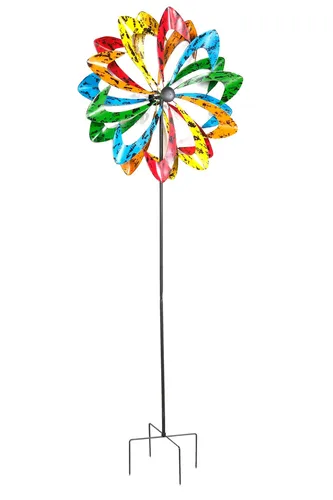 Metall Doppel Windrad 140x38cm - Buntes Windspiel für Garten & Balkon - Windmühlen & -räder, modernes Doppelwindrad aus Metall mit glänzendem Finish, ideal für fröhliche Akzente im Garten, auf der Terrasse oder dem Balkon.