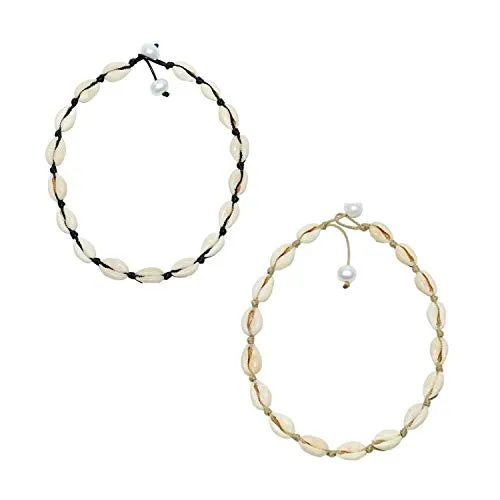 CAREOR Natürliche Shell Choker Halskette Muschel Halskette Einstellbare Puka Shell Halskette Armbänder Set Hawaiian Schmuck für für frauen Männer Mädchen Damen (schwarz + weiß)