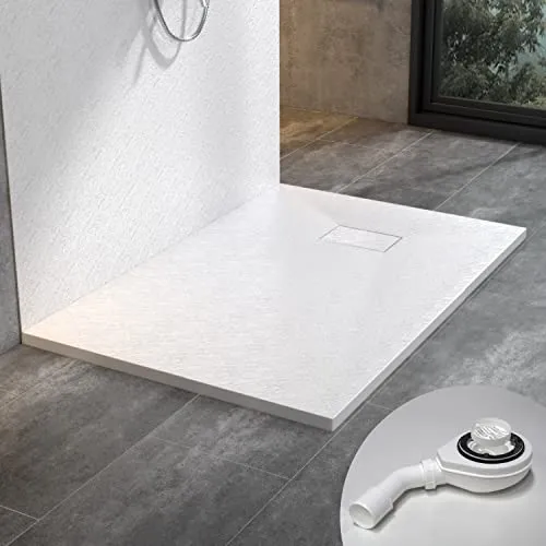 WITEN&NOCK Duschwanne 100x90 cm SMC Brausewanne weiß Steinoptik Antirutsch Duschtasse Höhe 3,2 cm Extraflach Brausetasse mit Anlaufgarnitur