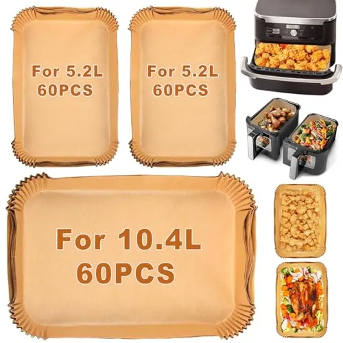 VIKKI 180 Stück Backpapier für Heißluftfritteuse Ninja AF500EU AF500EUCP, Cecotec 9000, Rechteckig Airfryer Backpapier für Flex Drawer Dual Zone 5.2L, 10L&10.4L verschiedene Zwei Größen Luftfritteusen