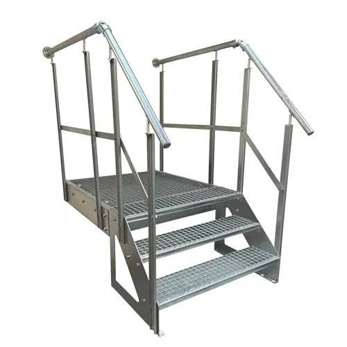 Kaminbau Mierzwa Außentreppe Stahltreppe 3 Stufen mit Podest - Robuste Stahltreppe mit 3 Gitterroststufen und Podest, ideal für Garten und Terrasse. Wetterfest und korrosionsgeschützt dank Feuerverzinkung. Einfache Montage und individuelle Farboptionen verfügbar.