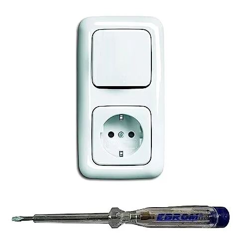 Busch Jäger Lichtschalter Taster Tastschalter 2020 US und Steckdose 20EUC-214 im 2-fach Rahmen in Reflex Si alpinweiß glänzend inklusive EBROM Phasenprüfer zur Montage der Geräte