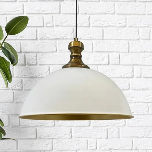 bamyum Pendelleuchte Industrielle Weiß Metall Groß Ø 40 cm, Hängelampe Industriell Lampe Vintage Hängeleuchte, Deckenleuchte Weiß Holz, Pendelleuchte Esstisch, Pendellampe, Esszimmerlampe, Küchenlampe