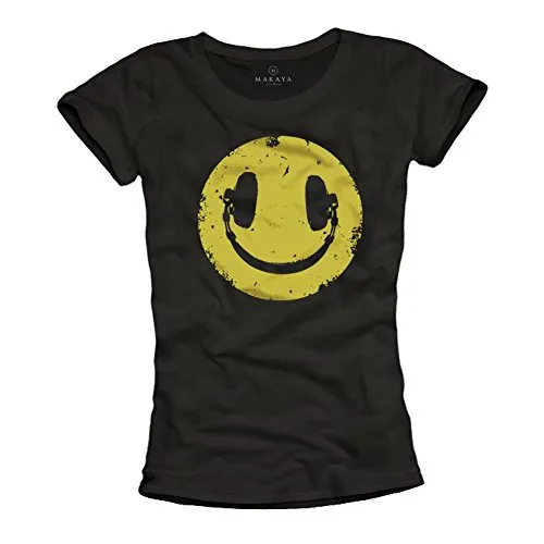 Smile Kopfhörer T-Shirt für Frauen - Schwarz, Größe L - Stylisches Damen T-Shirt mit hochwertigem Print in wasserbasierten Farben. Bequemer Schnitt und angenehmer Stoff für den Alltag. Ideal für Musikliebhaber!