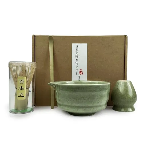 VELLUSTRA Matcha Set, 4 Teiliges Matcha Tea, Batidor, Cuenco, Soporte Chasen y Cuchara Matcha, Zubehör für Die Japanische Teezeremonie, Geschenk für Matcha Liebhaber Einsteiger Teeliebhaber