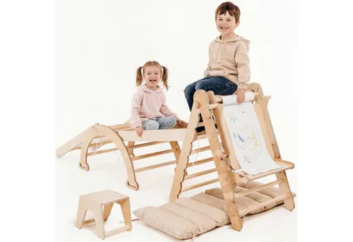 Goodevas Klettergerüst Holz für Kinder 1-5 Jahre - Montessori Klettergerüst-Set in Beige, bestehend aus Dreiecksleiter, Kletterbogen, Kletterrampe und Netz. Robustes Design für sicheres Spielen im Innenbereich.