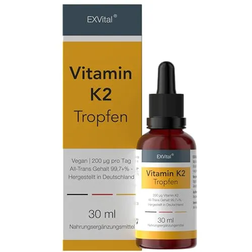EXVital Vitamin K2 MK-7 Tropfen - 200µg, Vegan & Hochdosiert - Vitamin K Präparate mit 99,7% All-Trans Gehalt, 100% vegan und in Deutschland hergestellt. Enthält MCT Öl für bessere Bioverfügbarkeit und 1020 Tropfen pro Flasche.