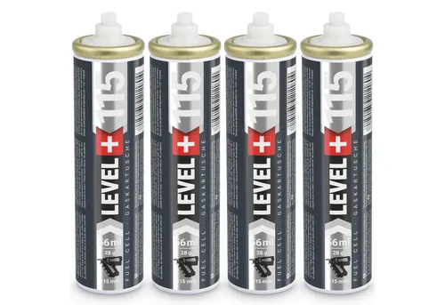 LEVEL+ Gaskartusche L+115 für Gasnagler - 4 St. - Gaskartuschen für gasbetriebene Setzgeräte, 1000 Schüsse pro Kartusche, mit 100% synthetischem Öl für reibungslosen Betrieb und hohe Effizienz. Ideal für Beton, Stahl und Holz.