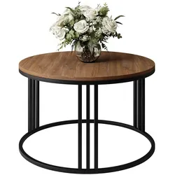 Lookway Couchtisch, Rund, Schwarz, Eiche, 70x48 cm - Stylischer Couchtisch im Loft-Stil mit runder Form und Metallgestell, ideal für elegante Wohnzimmer und multifunktionale Nutzung.