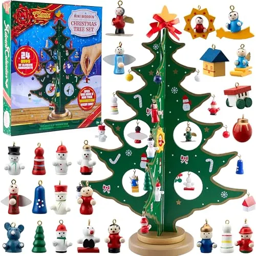 JOYIN Weihnachts-Adventskalender mit 24 Tagen Countdown, mit einem hölzernen Tischweihnachtsbaum und 28 Ornamenten, Schneemann