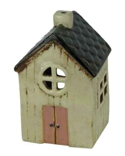 mucHome Windlicht Haus für Teelicht aus Keramik Teelichthaus Lichthaus (Fenster rund 9x8,5x13,5cm)