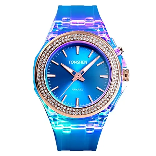 TONSHEN Damen und Mädchen Fashion Analog Quarz Uhren 50M Wasserdicht Plastik Lünette und Kautschuk Band Armbanduhr (Blau)