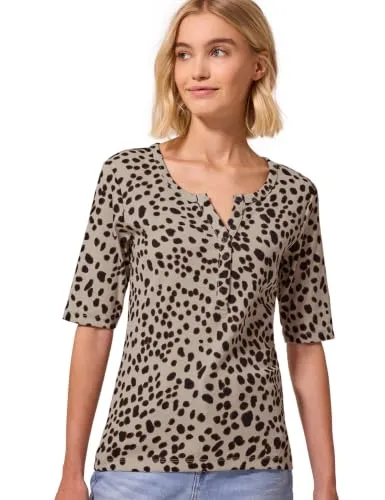 T-Shirt mit Split Neck und Leo-Muster