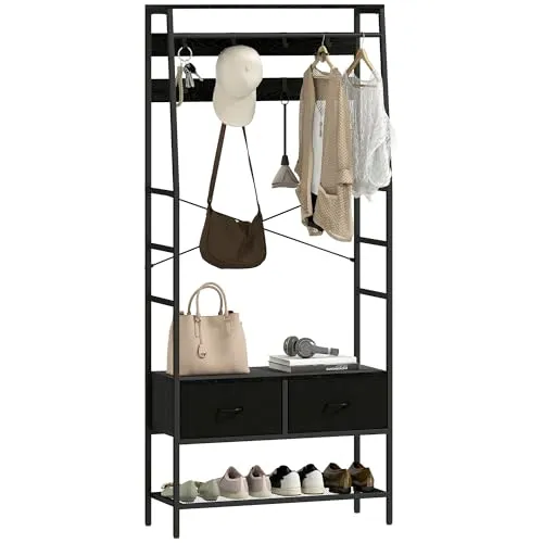 HOMCOM Garderobenständer, Kleiderständer mit Schuhregal, 2 Stoff-Schubladen, Garderobe mit 8 Haken, Ablage, Jackenständer mit Kippschutz, für Eingangsbereich, Flur, Schlafzimmer, Schwarz