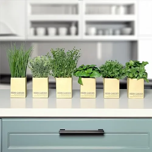 Künstliches Kräuter Sortiment - 6er Set - Künstliche Pflanzen mit 6 verschiedenen Kräutern im Papier Blumentopf, ideal für dekorative Akzente und pflegeleicht in jedem Raum.