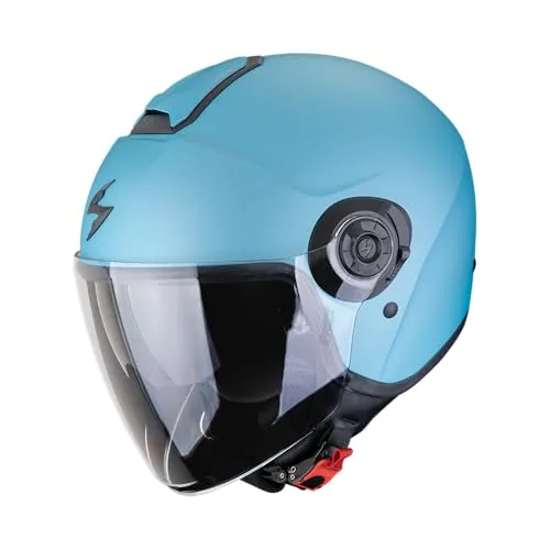 Scorpion EXO-City II Jethelm - Matt-Hellblau - S - Stylischer Jethelm mit verlängertem Hauptvisier und klappbarem Sonnenvisier, ideal für Fahrer, die Komfort und Funktionalität schätzen. Das waschbare Innenfutter sorgt für ein angenehmes Tragegefühl.
