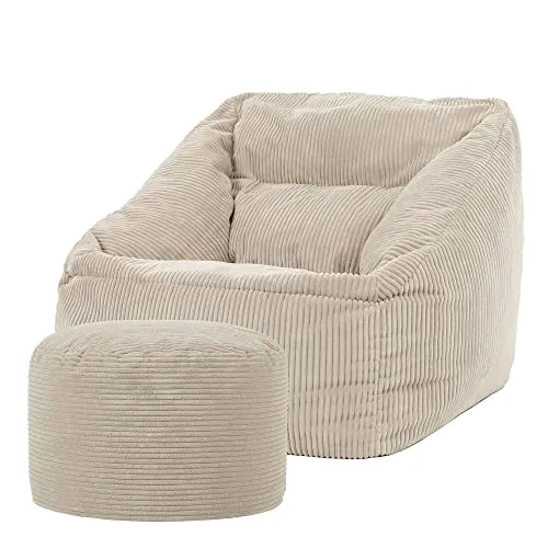 Icon Morgan Sitzsack Sessel mit Hocker, Beige - Sitzsäcke: Bequemer Sitzsack mit innovativem Paneeldesign und weichem Cordmaterial für höchsten Komfort im Wohnzimmer oder Schlafzimmer.