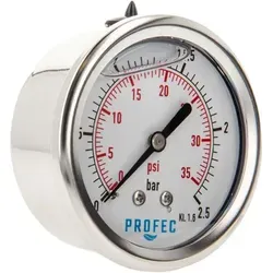 Profec Manometer 0 - 2,5 Bar, Glyzeringefüllt, Ø 63 Mm, 1/4 Zoll Anschluss Nach Hinten Axial, Überdruck-manometer