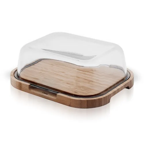 Pebbly Käsebox mit Glasglocke und Bambusplatte – 27 x 21,5 x 9,5 cm – für 3 bis 4 Käse, kleines kompaktes Format, ideal zum Aufbewahren und Servieren, natürliche Materialien, BPA-frei