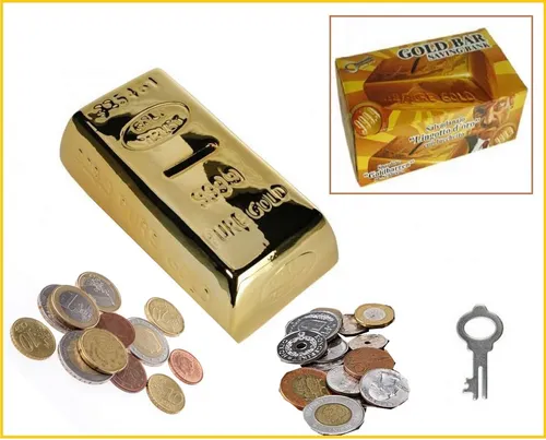 Spardose-Goldbarren-Keramik-Sparschwein-+-Schloß-Schlüssel-abschließbar