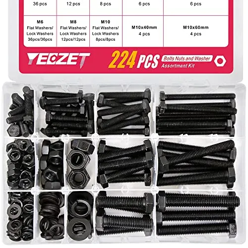 YEEZET 224 Pcs M6 M8 M10 Schrauben Sechskantschrauben Unterlegscheiben Federringe und Muttern Sortiment Kit (8.8 Kohlenstoffstahl)