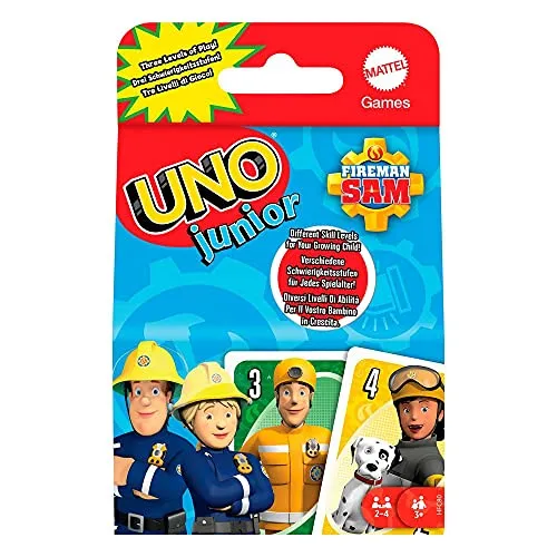 Mattel Games HFC80 - UNO Junior Feuerwehrmann Sam Kartenspiel mit 56 Karten, für 2-4 Spieler, Spielzeug ab 3 Jahren