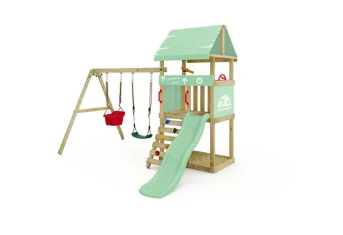 Wickey Klettergerüst DinkyHouse – Spielturm für Kleinkinder - Schaukeln und Klettern im Garten-Spielhaus mit überdachter Plattform, integriertem Sandkasten und Wellenrutsche. 10 Jahre Garantie für unvergessliche Erlebnisse!