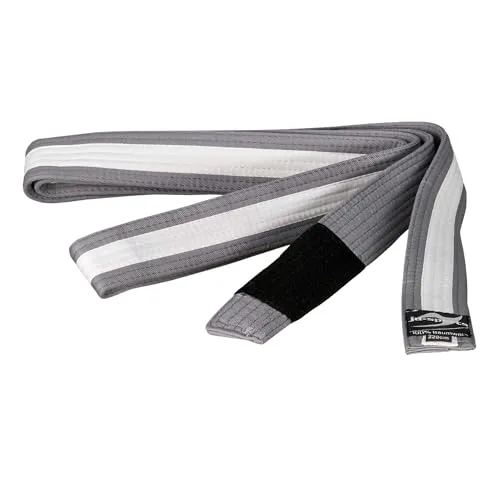 Ju-Sports BJJ Kindergürtel - grau mit weißem Streifen, Baumwolle 4cm breit I BJJ Gürtel mit schwarzem Abschnitt für Zwischenstufen I Mehrfach gesteppt I 260 cm