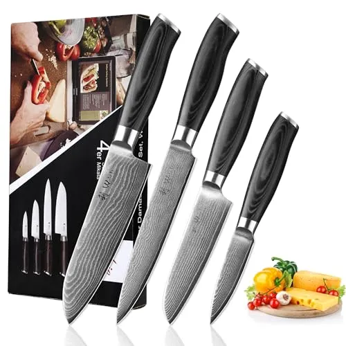 MIkata 4er Damastmesser-Set - Küchenmesser Set aus 67 Lagen Damaststahl mit ergonomischen Micarta-Griffen für präzises Schneiden – ideal für Hobbyköche und Grillfreunde, auch mit personalisierbarer Gravur erhältlich.