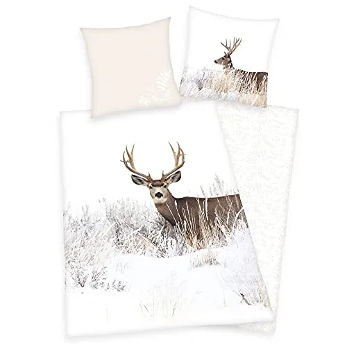 Klaus Herding GmbH Hirsch Bettwäsche Set Winterlandschaft 2tlg. 155x220 cm - Bettwaren-Set für Kinder, im gemütlichen Winterlandschaft-Design, sorgt für süße Träume und behagliche Nächte.