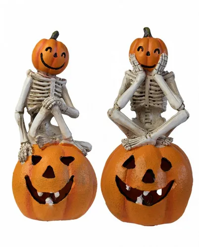 Horror-Shop Dekoobjekt Grinsendes Skelett auf leuchtendem Kürbis Hallowee