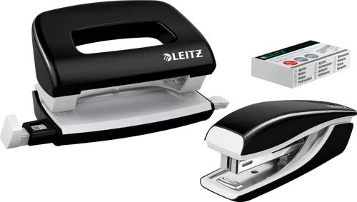 Locher und Heftgeräte Set NeXXt WOW LEITZ schwarz-metallic - Praktisches Set für Büro und Schule, inklusive Heftklammern No.10 und stilvollem schwarz-metallic Design.