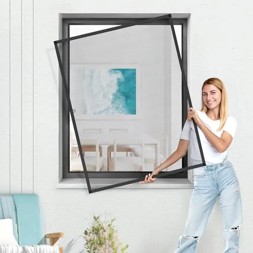 jarolift Fliegengitter für Fenster SlimLine Insektenschutz ohne Bohren, mit Alurahmen Spannrahmen, Mückenschutz Mückengitter, 120 x 150 cm, Anthrazit